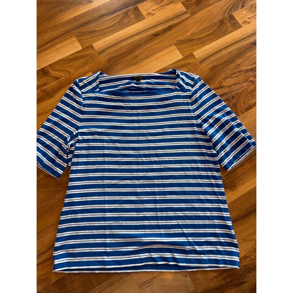 Talbots Boat Neck Top Womens‎ XL Blue Excellent Striped Short Sleeve Rayon Blend